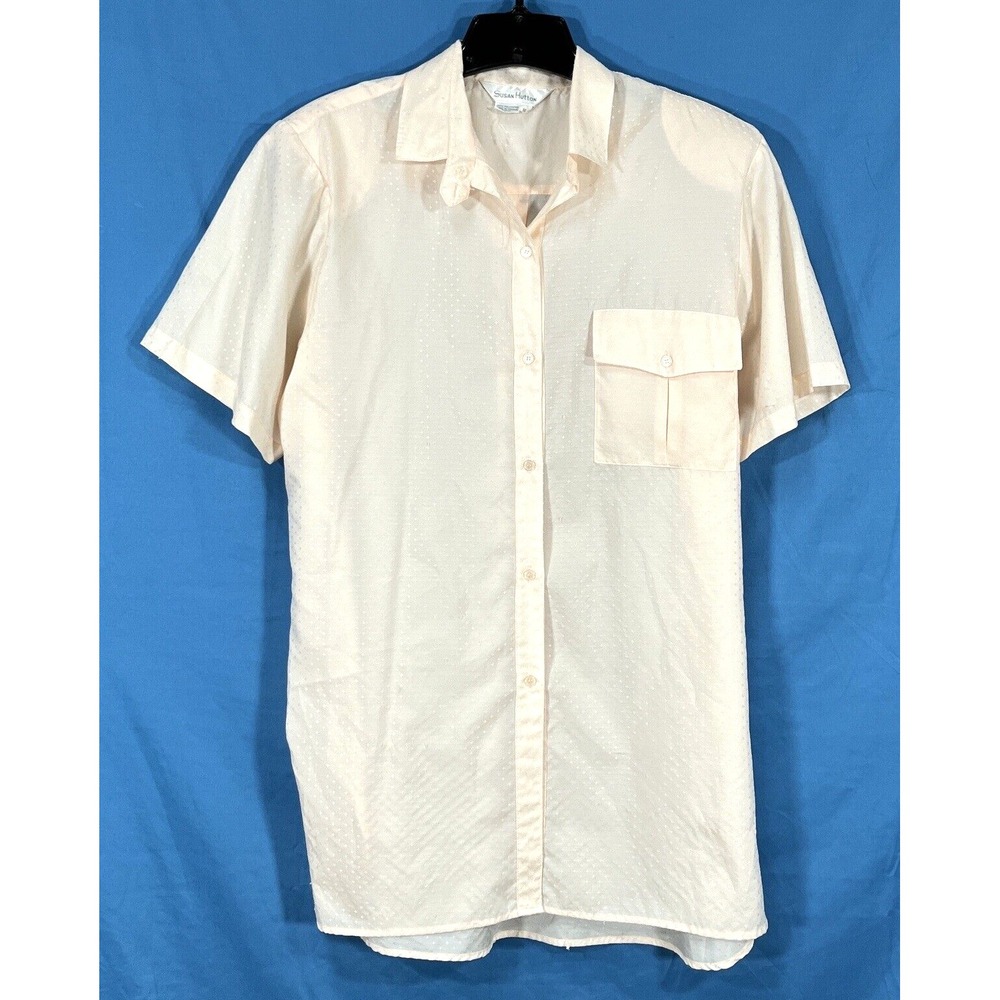 VTG SUSAN HUTTON Thin Satin Peach DIAMOND PRINT Button-Up SHIRT/TOP Blouse  16